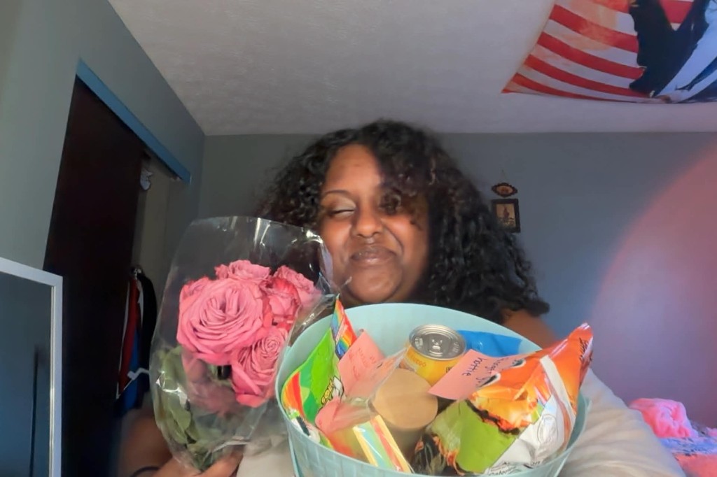 With roses and gift basket